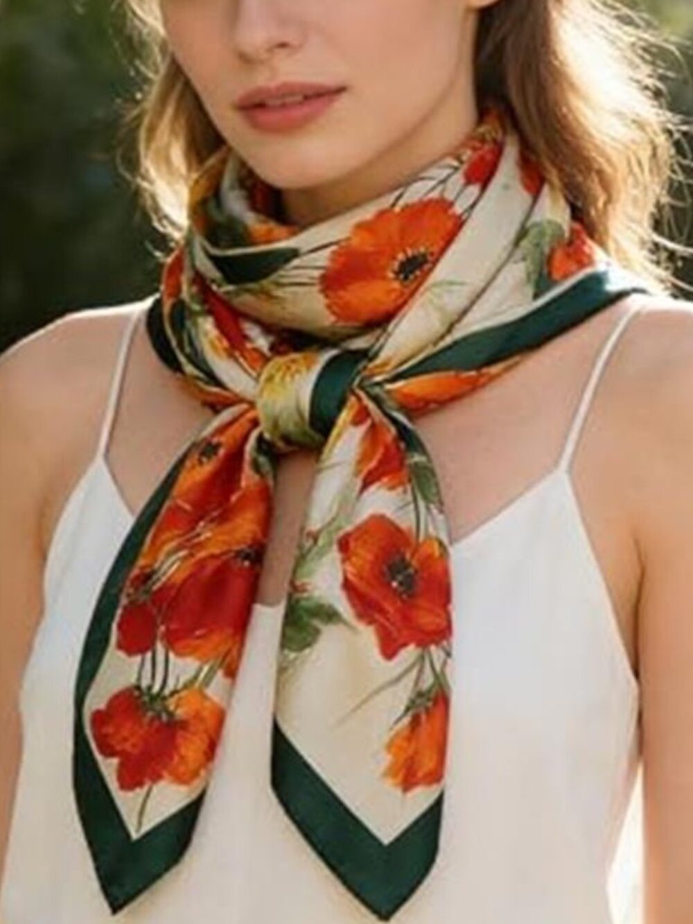 Floral Orange White Satin Scarf Polyester Silk Feel Long Shawl Wrap 70x35